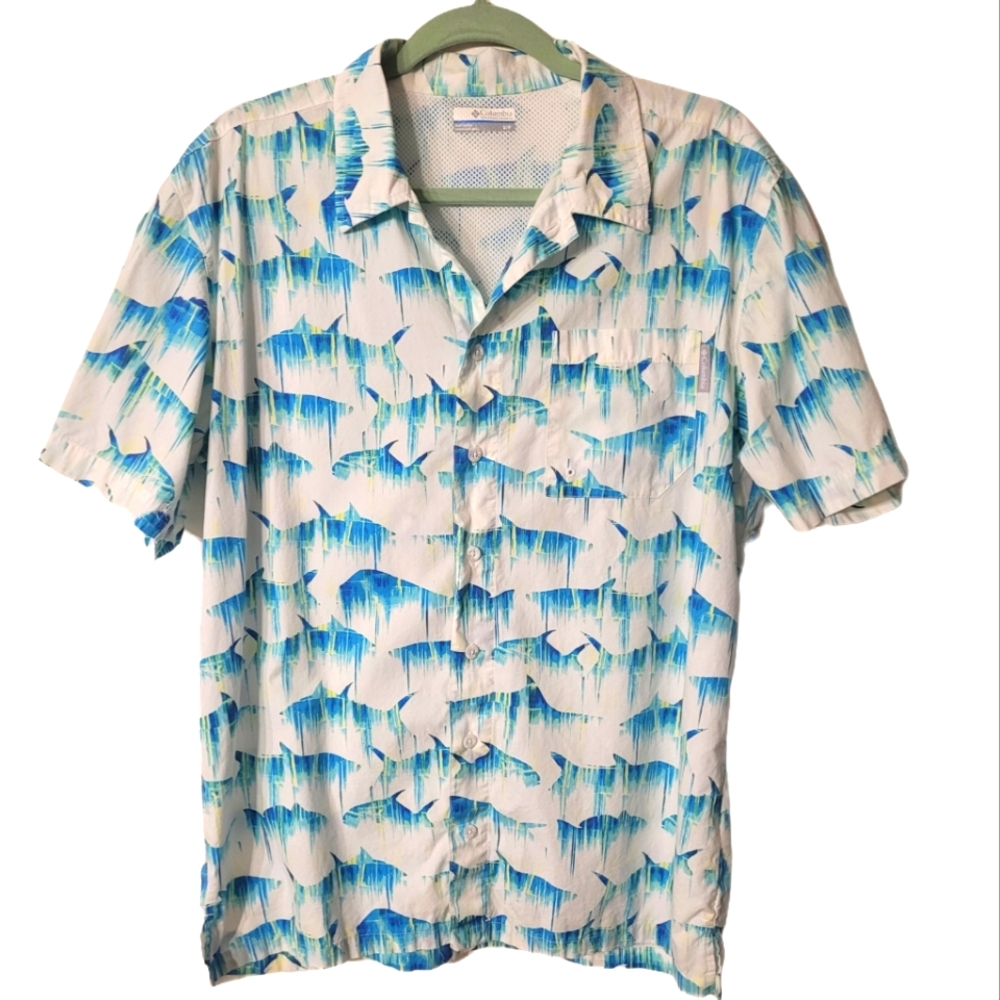 Columbia Performance Fishing Gear Short-sleeve Btn-dwn Shirt Sz Small White Blue - Picture 1 of 6